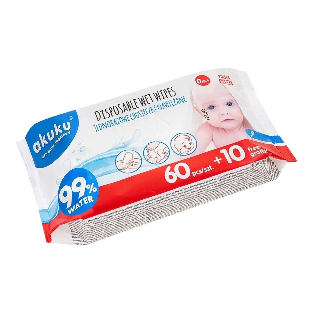 Detské vlhčené obrúsky Akuku 99% vody 60 + 10 ks ZDARMA , 20C46291