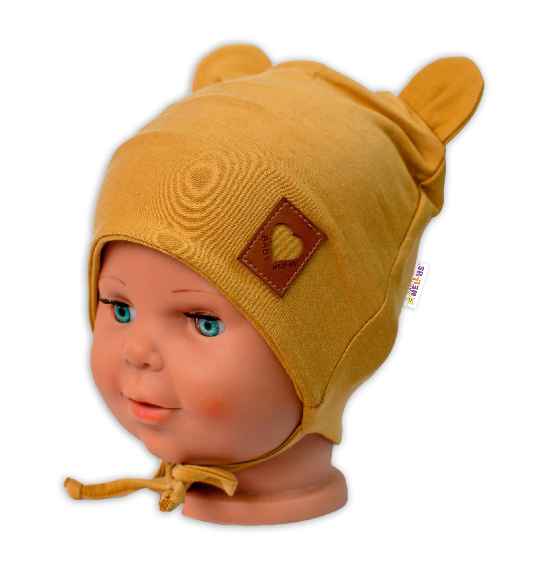 Baby Nellys Bavlnená dvojvrstvová čiapka s uškami na zaväzovanie, TEDDY - horčicová, 80/86