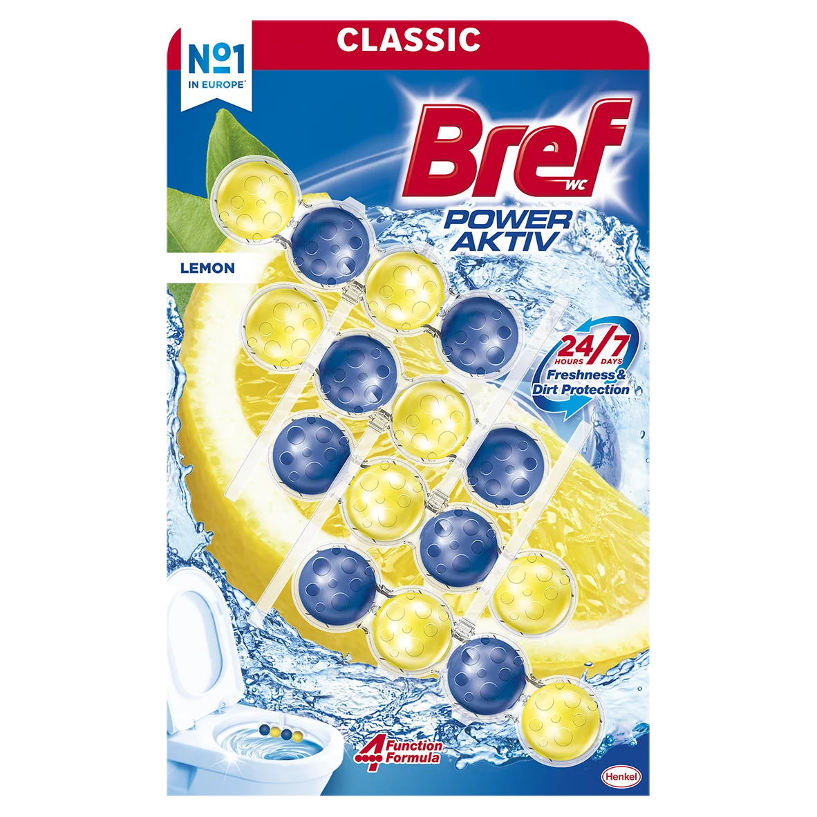 Bref Power Aktiv tuhý WC blok Lemon 4×50 g 4×50 g, WC blok