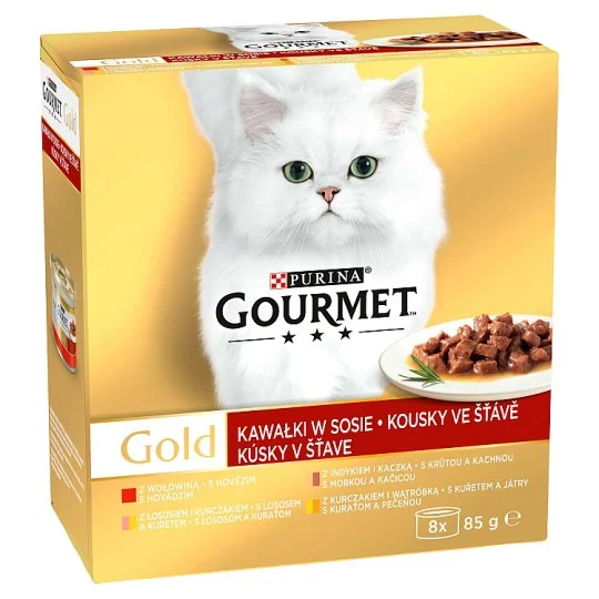 Gourmet Gold konzervy pre mačky hovädzie, morka a kačica, losos a kura, kura a pečeň v šťave 8×85 g 1×1 ks