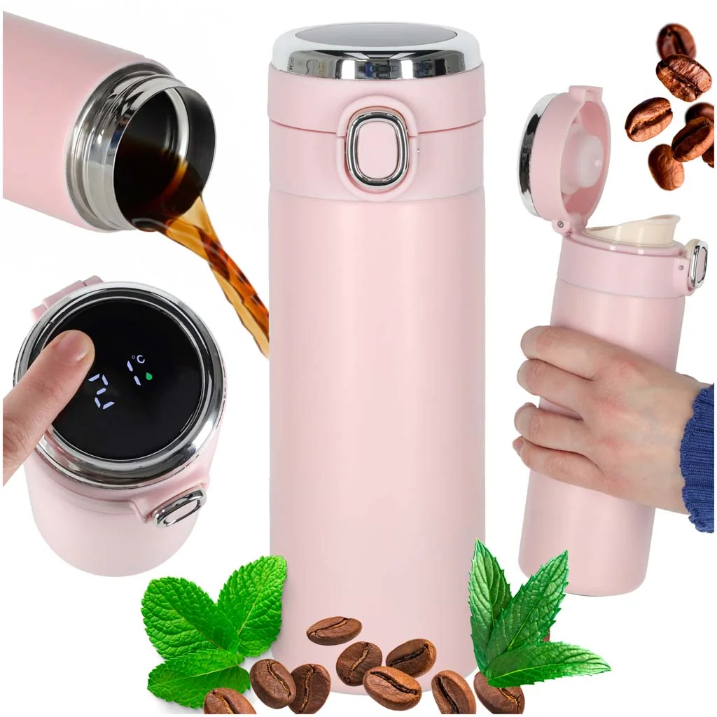 Termohrnček s náustkom a LED ukazovateľom teploty 420 ml ružový
