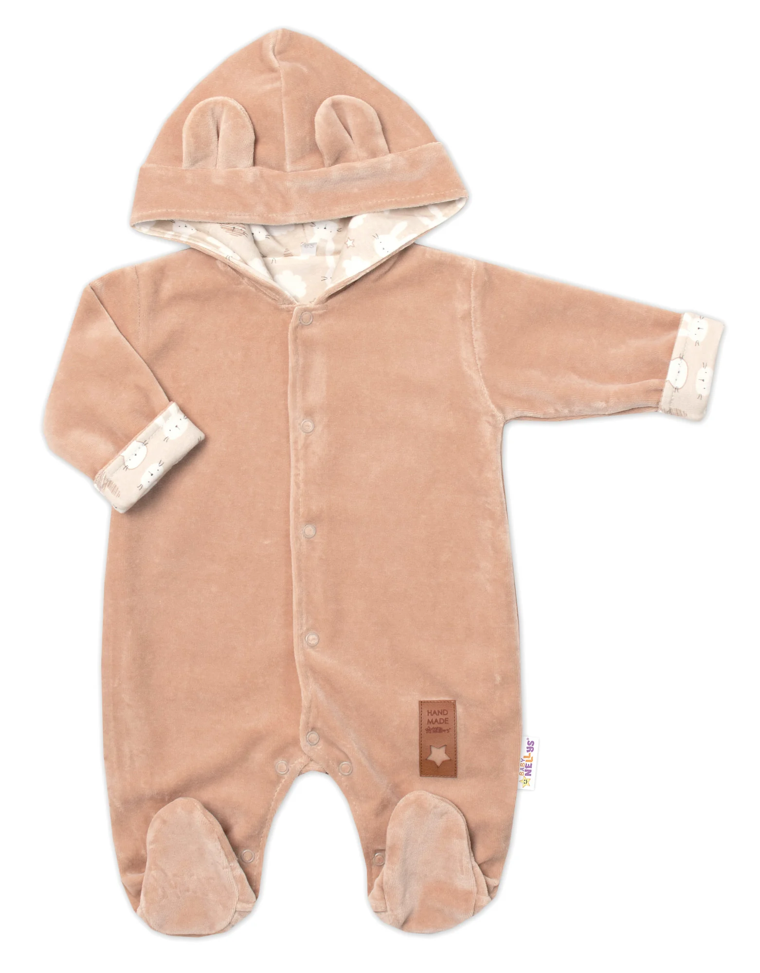 Dvojvrstvový velúrový overal s kapucňou New Bunny, hnedý, veľ. 74