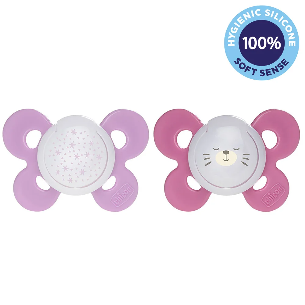 CHICCO Cumlík Physio Comfort silikón nočný dievča - hviezdy/macko 2 ks, 16-36 m+ 1×2 ks, ortodontický cumlík