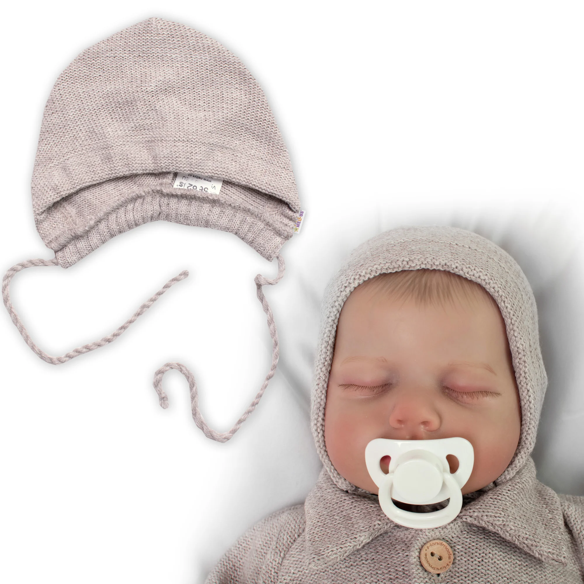 Pletená čiapočka na zaväzovanie bonetka Boy, Hand Made Baby Nellys, bežová