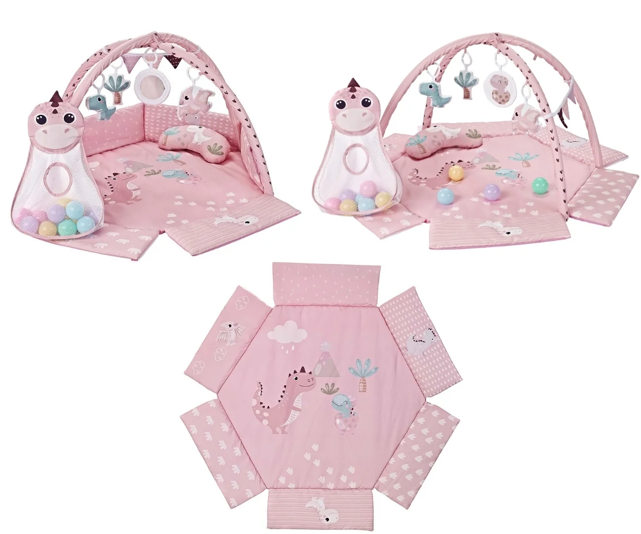 Hracia deka TinyMini Dino Pink s loptičkami – edukačná podložka pre bábätká