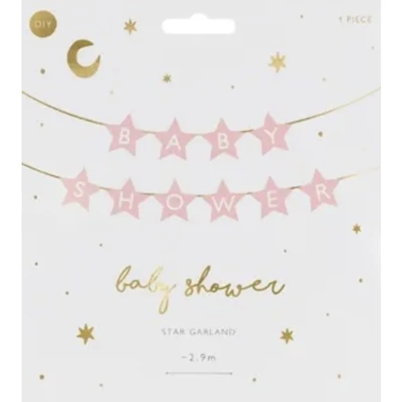 Baby shower banner svetloružový s hviezdičkami – 290×16,5 cm, nápis „Baby Shower“