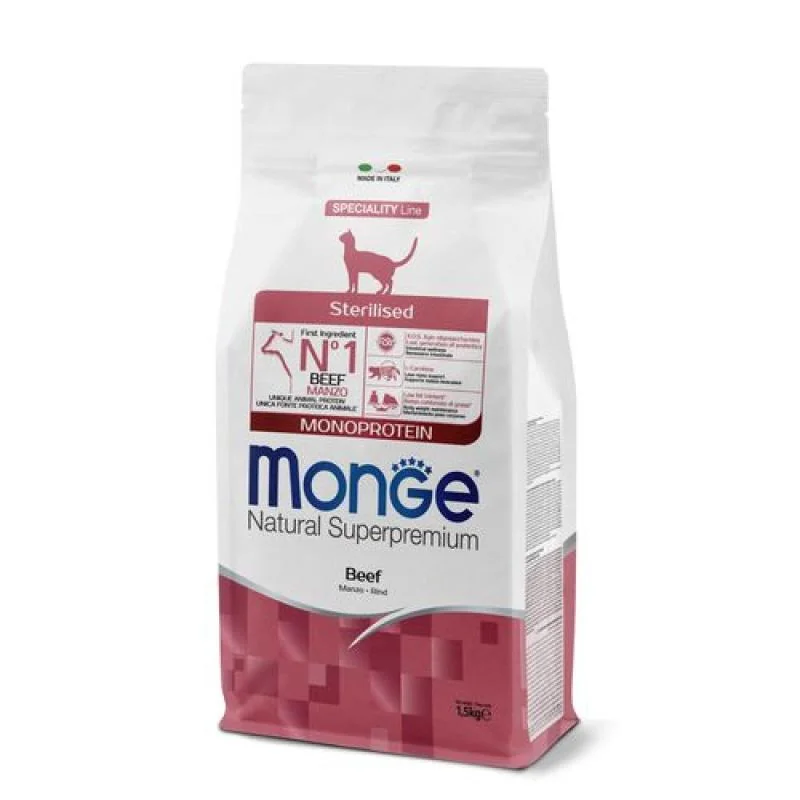 MONGE Natural Superpremium Sterilised 1,5kg monoproteínové krmivo s hovädzím pre sterilizované mačky