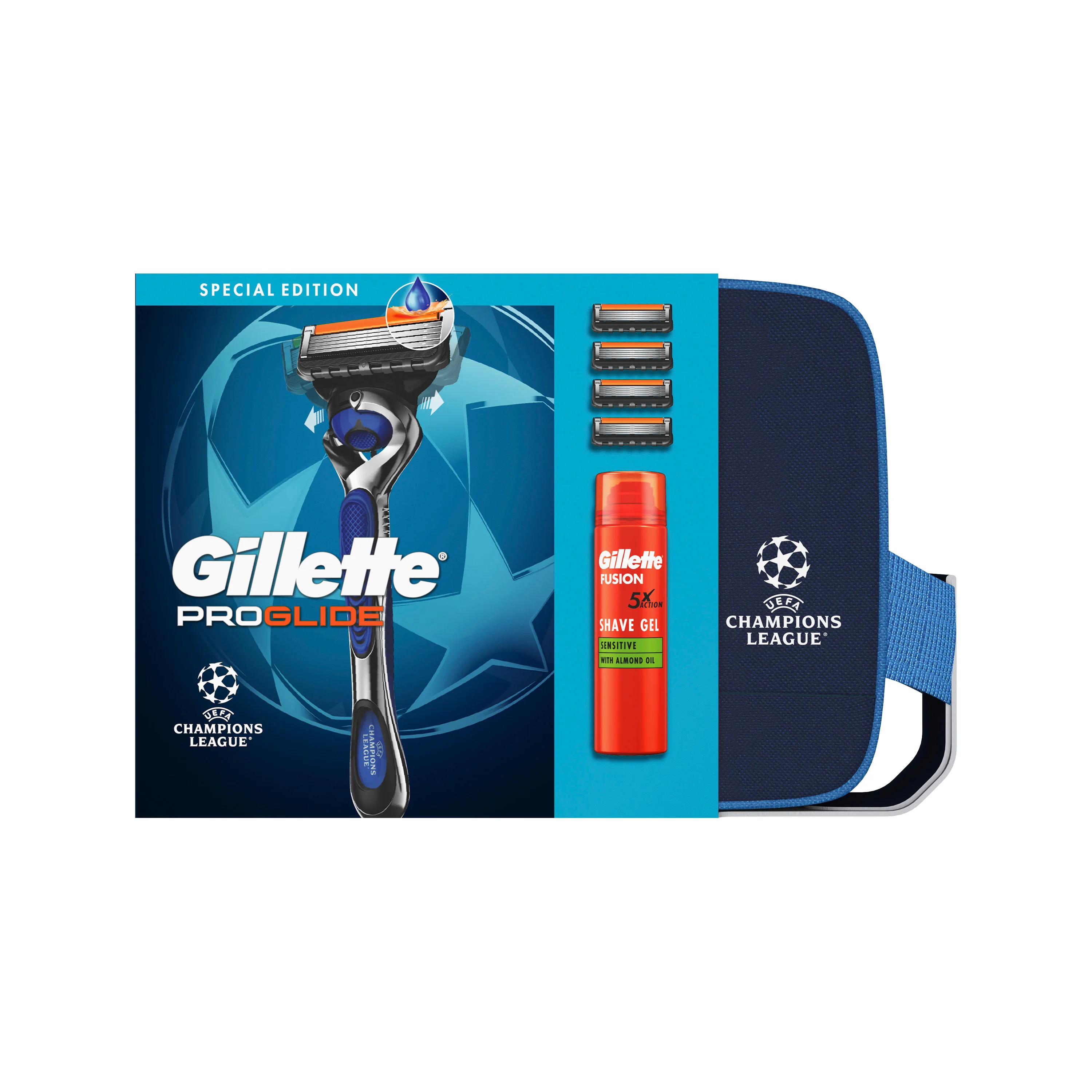 Xmass set Gillette UEFA Champions League Special Edition ProGlide pánsky holiaci strojček, 4 hlavy + gél na holenie Fusion Sensitive 200ml + kozmetická taštička 1 set