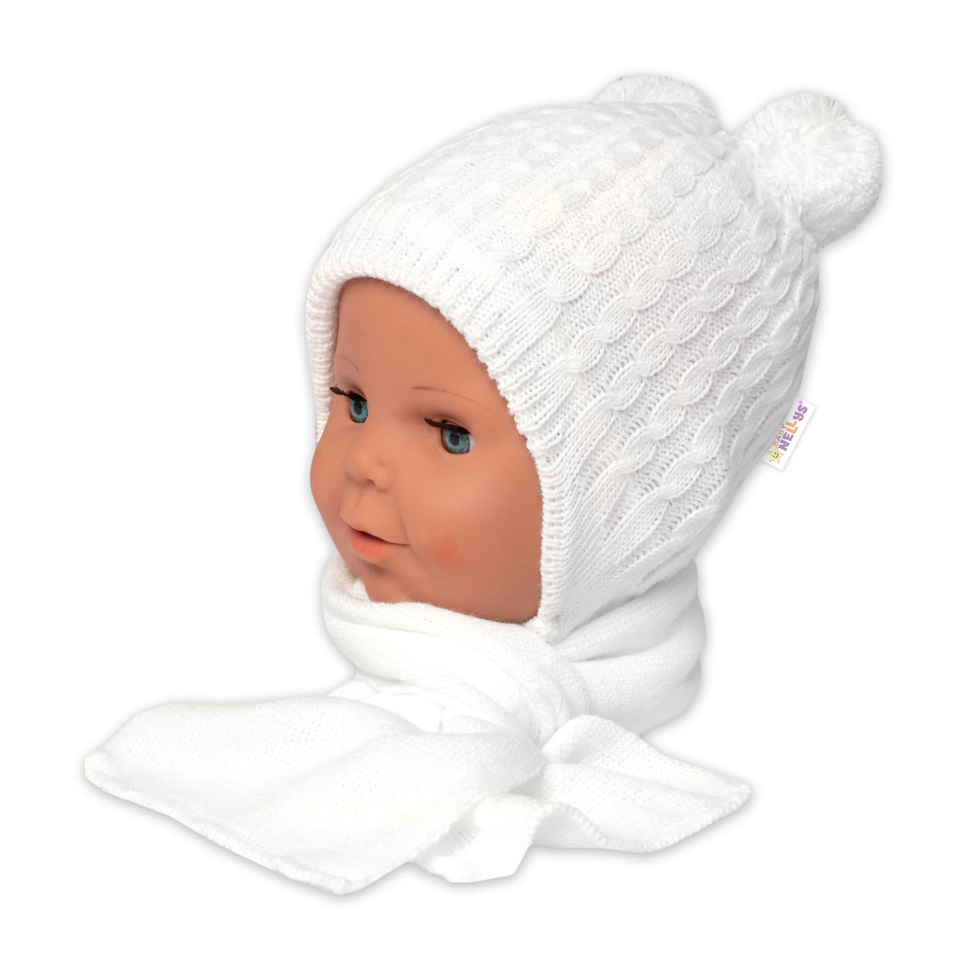 Zimní čepice na zavazování s bambulky + šál, Baby Nellys - bílá