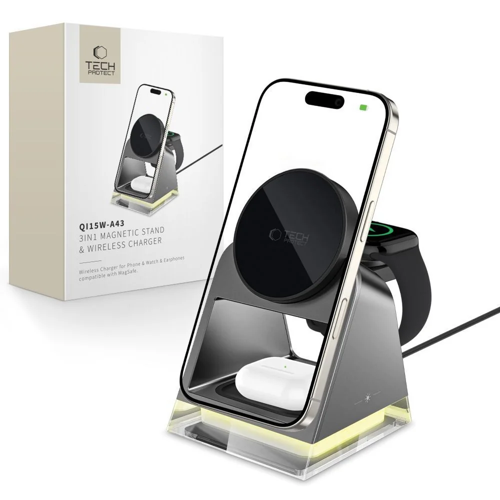 Tech-Protect A43 MagSafe bezdrôtová nabíjačka na mobil / Apple Watch / AirPods 15W, čierna AirPods 15W, čierna