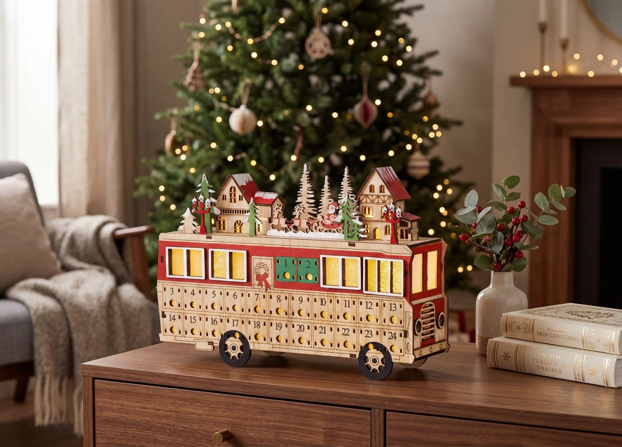 MagicHome vianočný LED autobus, 1 ks 8 LED teplá biela, 2xAAA, IP20, 27,7x7,5x19 cm