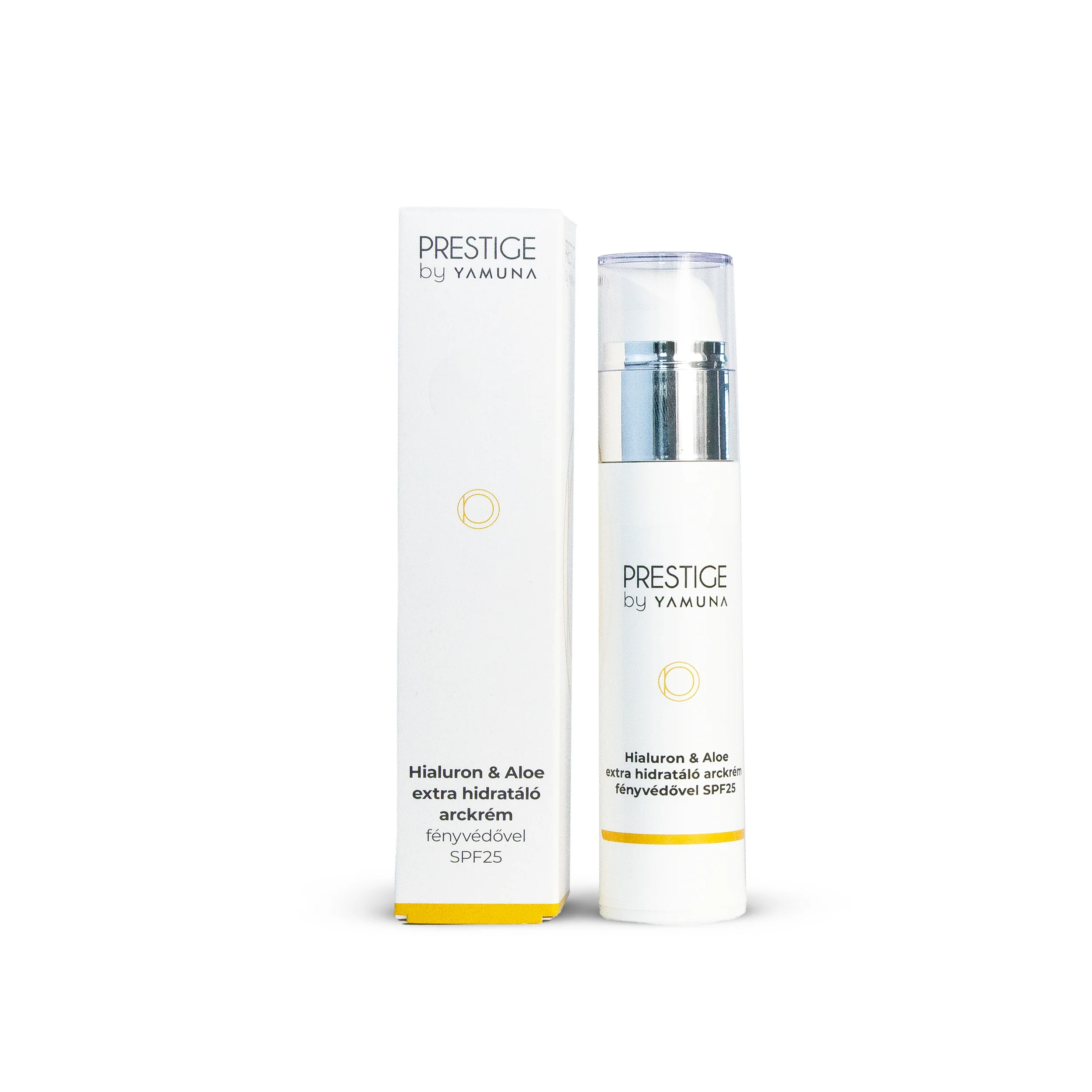 Prestige by Yamuna Hydratačný pleťový krém s kyselinou hyalurónovou a aloe vera SPF 25 – 50ml Intenzívne hydratačný pleťový krém s kyselinou hyalurónovou, aloe vera a SPF 25