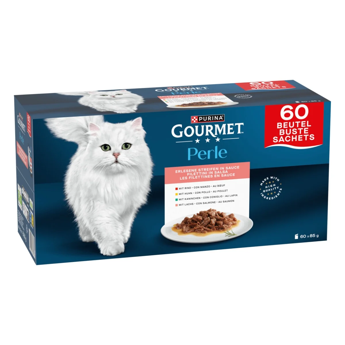 Gourmet Perle kapsičky pre mačky hovädzie, kura, králik, losos v šťave 60×85 g 65×85 g