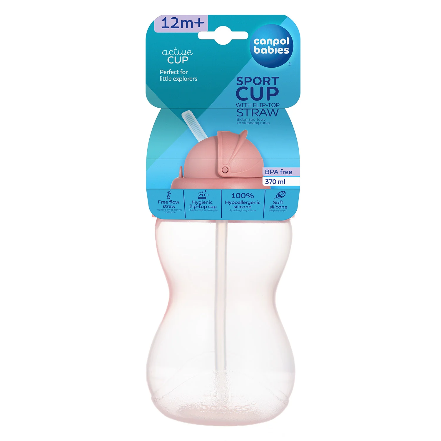 Canpol babies Športová fľaša so silikónovou slamkou 370ml 12m+ ružová 1 ks