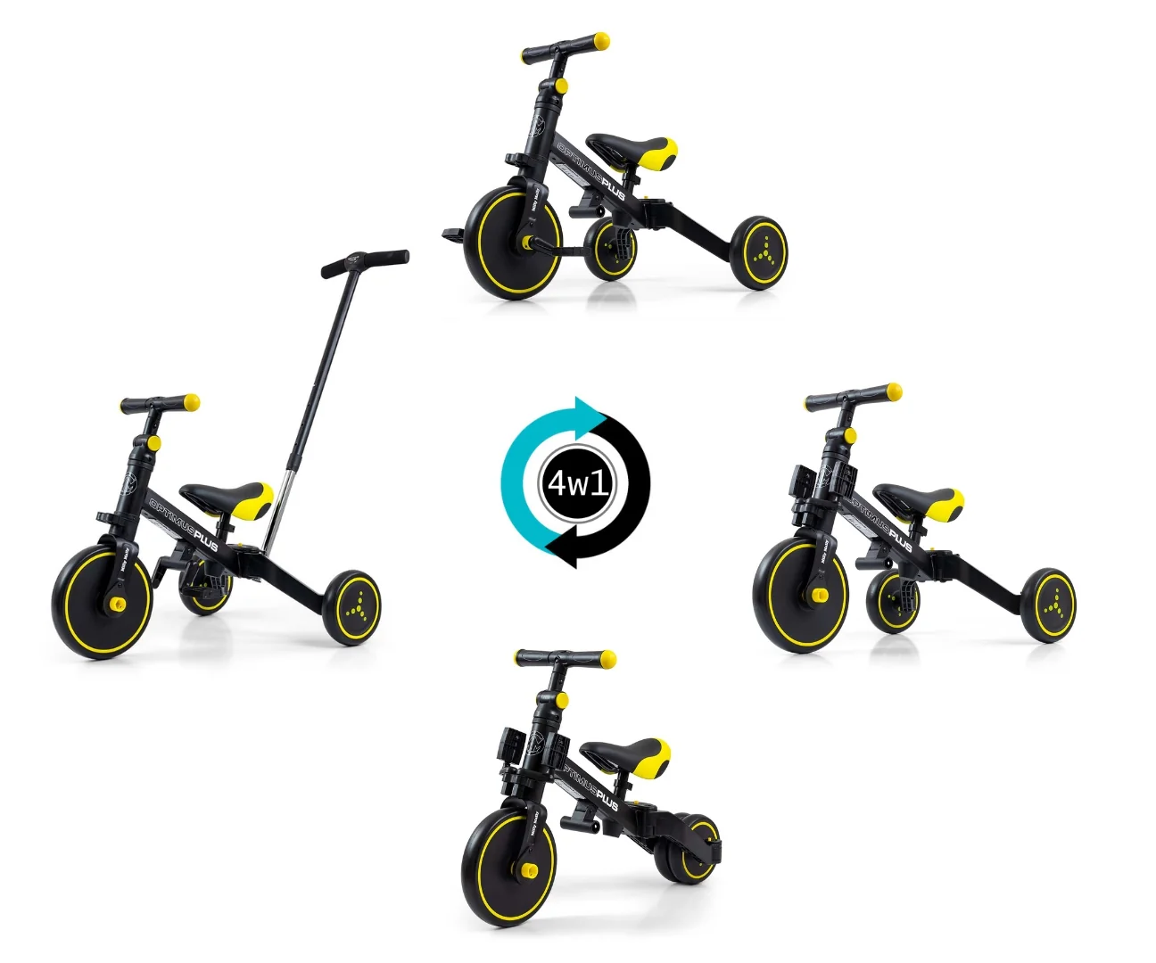 Balančná trojkolka, bicykel, odrážadlo a vodiaca tyč, Optimus Plus 4 v 1, čierna