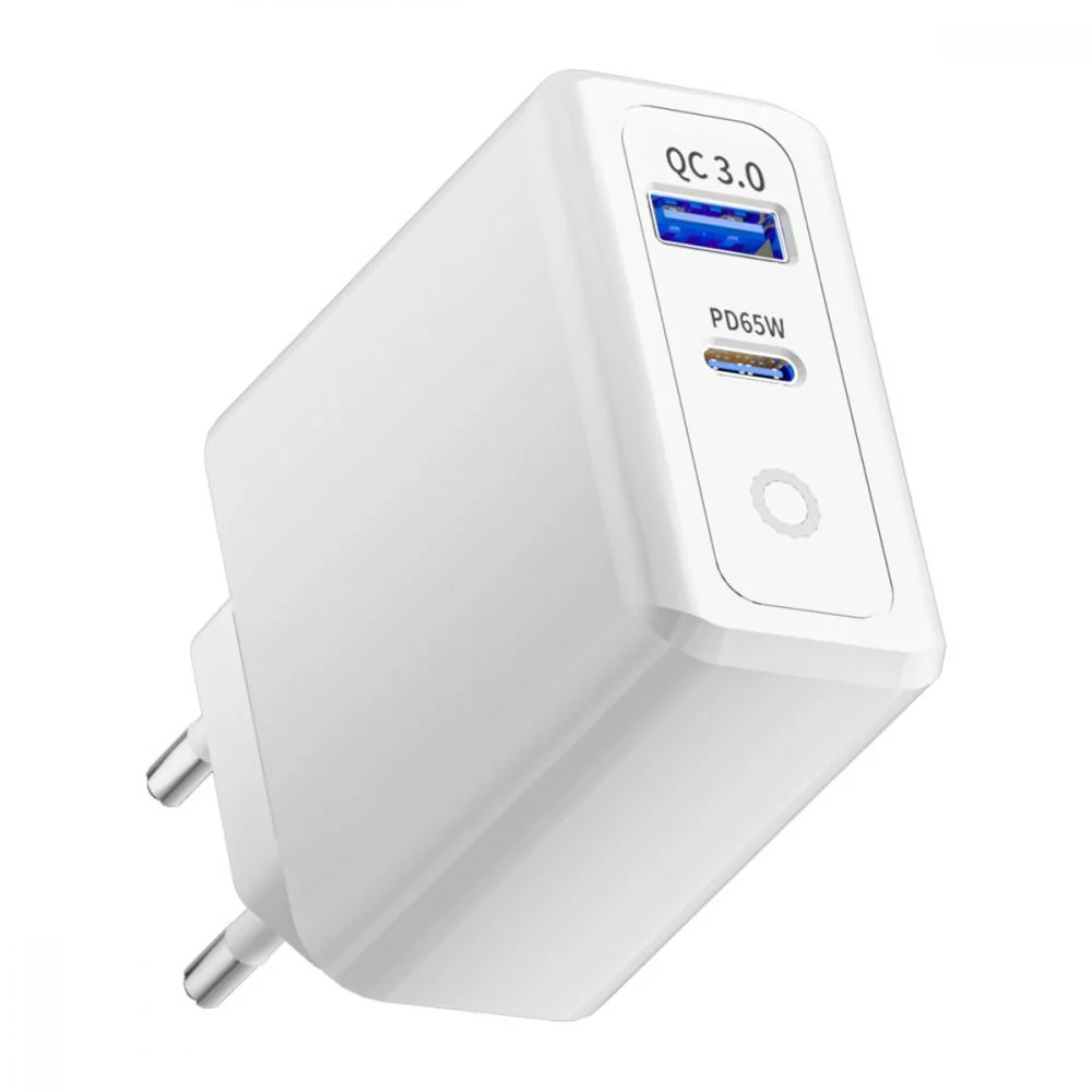 Type-C + USB Rýchlonabíjací Cestovný Adaptér - Biela 65W, 1x USB/Type-C/DC