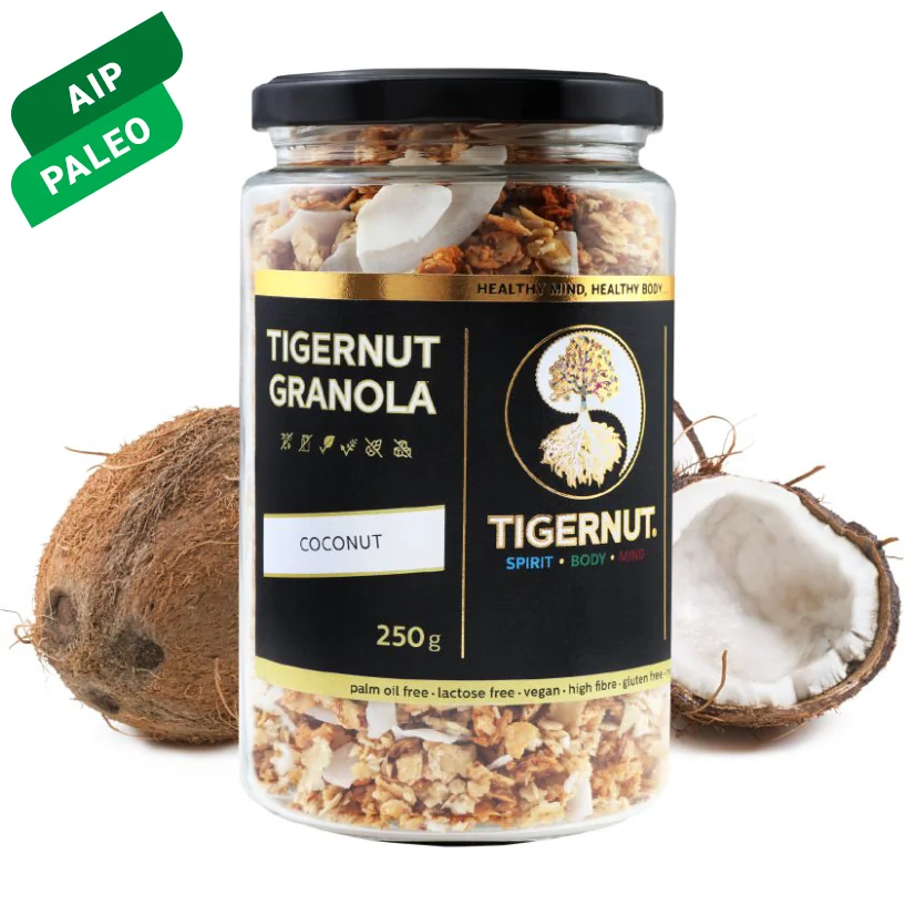 Granola z lupienkov lúpaného tigrieho orecha z Valencie s kokosom