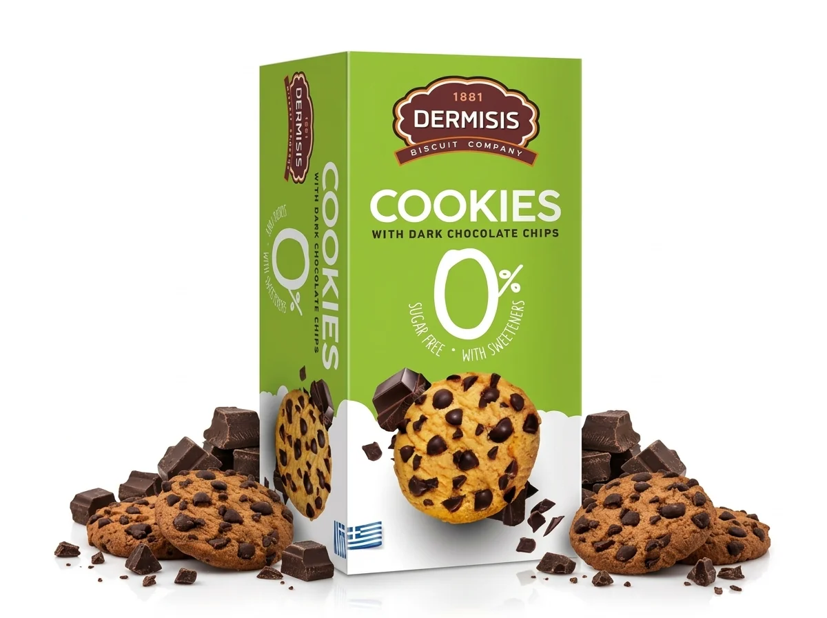 Dermisis Chrumkavé sušienky s kúskami horkej čokolády 90 g bez cukru so sladidlami