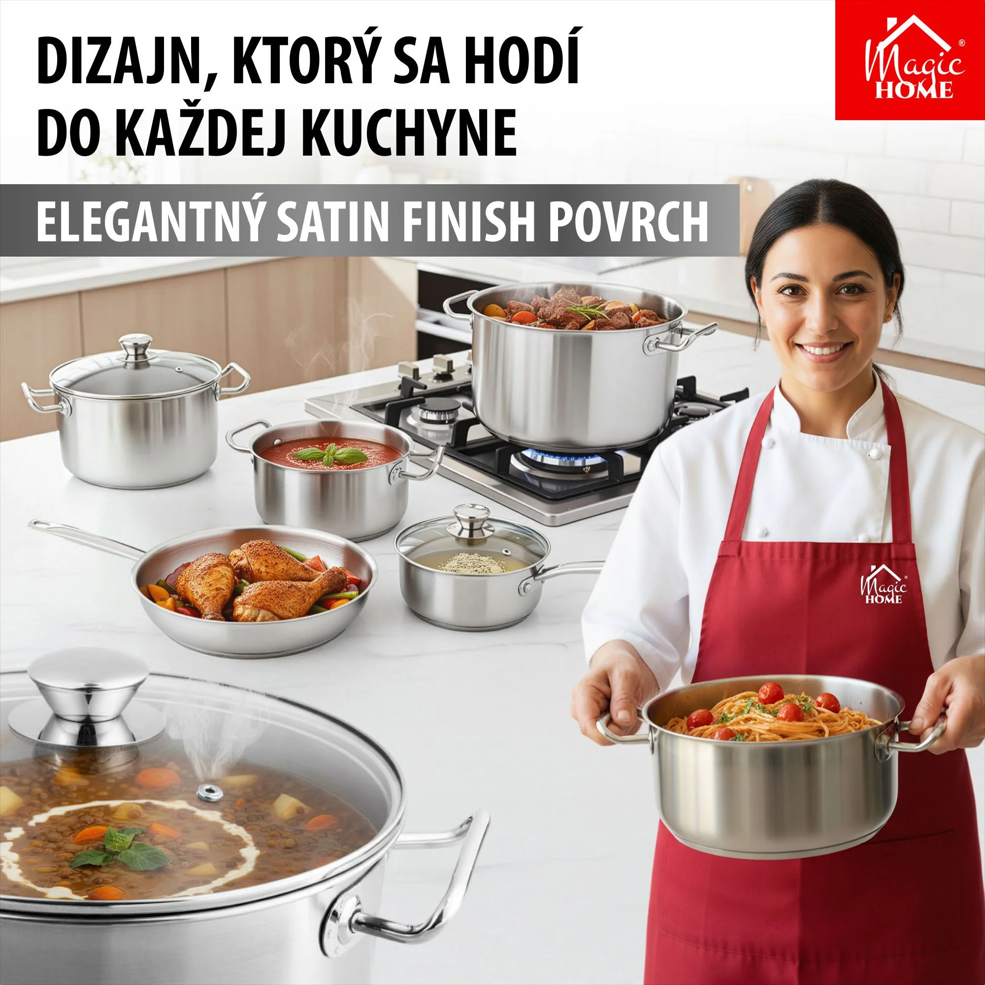 MagicHome sada riadu Chloe, 9 dielov Nerez, panvica 24 cm, 3 kastróly 3/4/6,6 l, rajnica 2 l, sklenené pokrievky