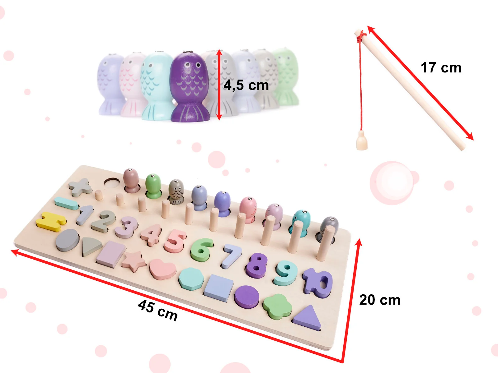 Pomôcka edukačná počítadlo drevené s číslami a geometrickým tvarmi , rybačka FOUR-IN-ONENESS