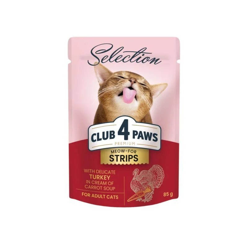 CLUB 4 PAWS Premium Plus pre mačky prúžky moriaka v smotanovej mrkvovej polievke 85g (8070)
