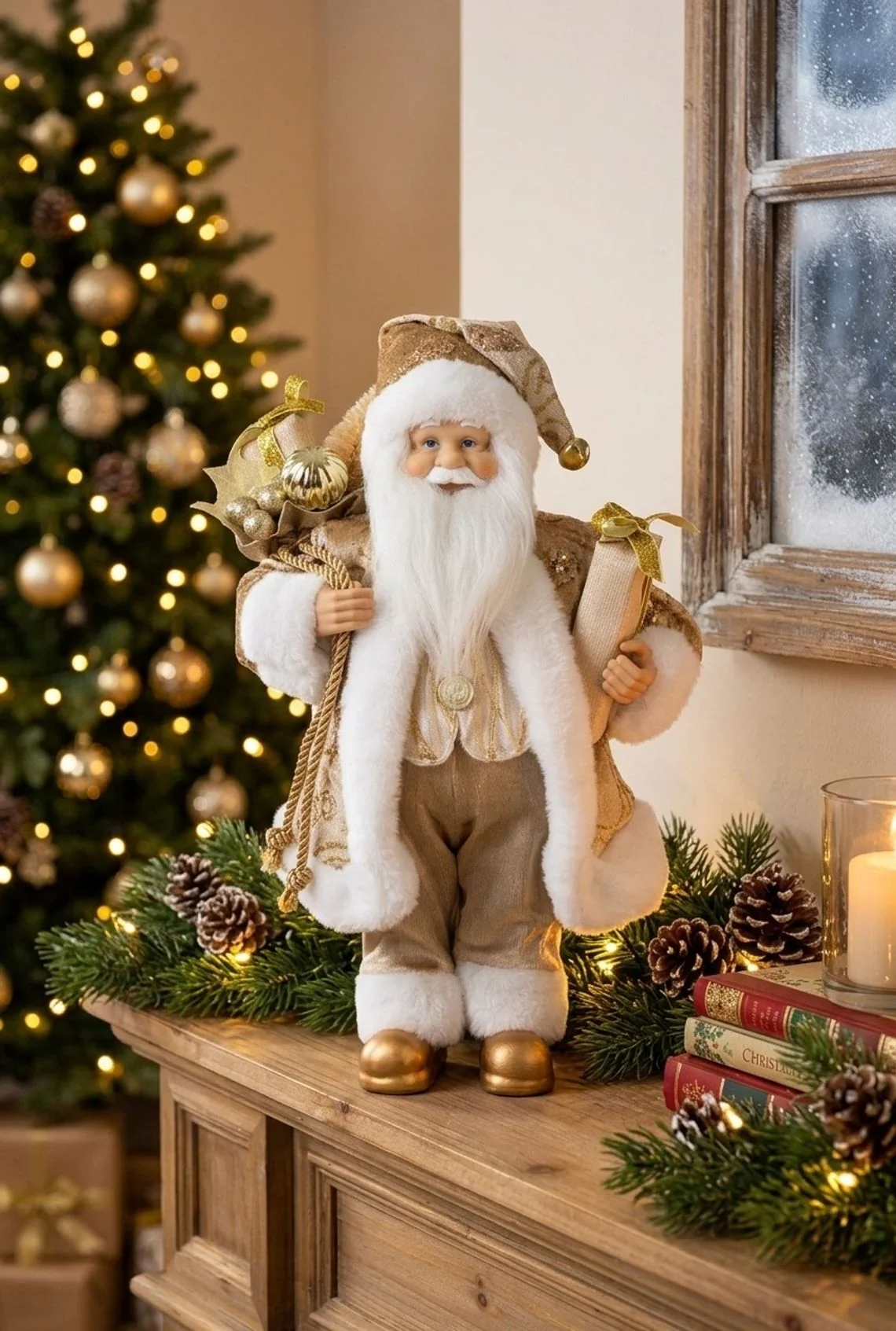 MagicHome vianočný Santa, 1 ks Textil, zlatý, 16x26x41 cm