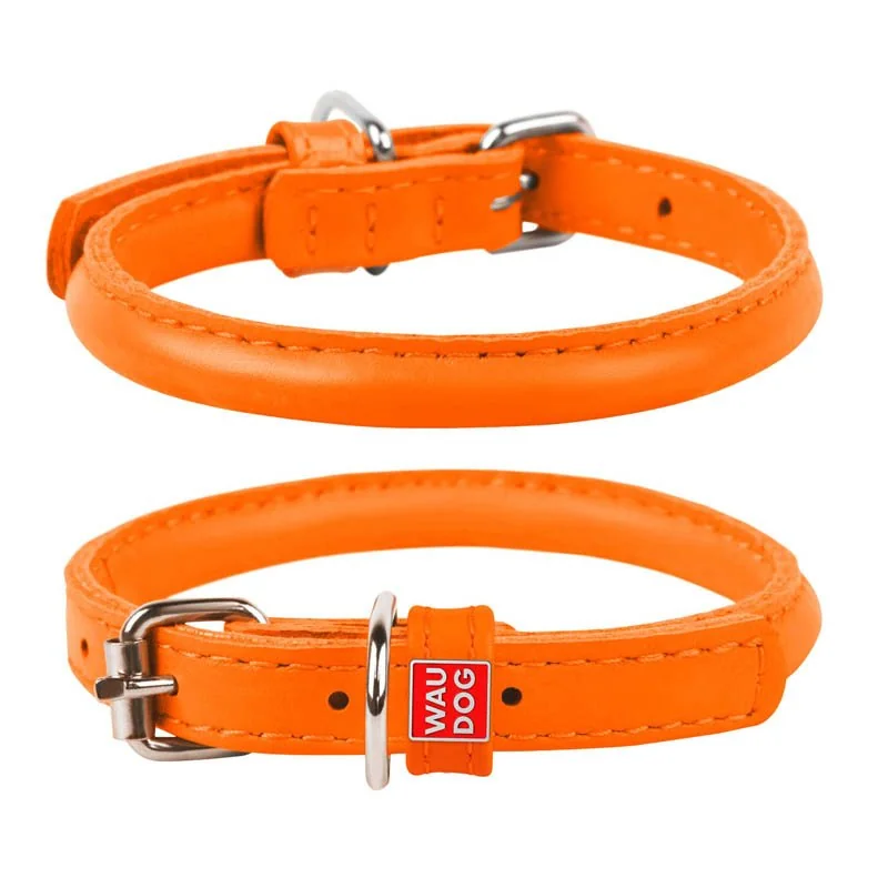 Okrúhly kožený obojok oranžový, Obvod krku: 17-20cm, šírka obojku: 6mm