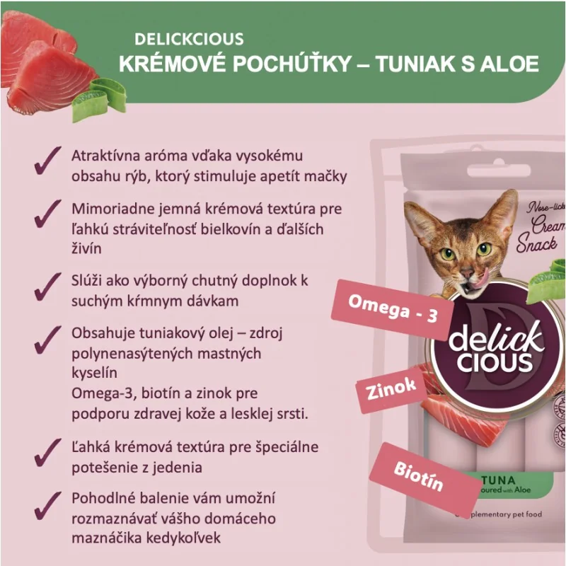DELICKCIOUS™. Krémové pochúťky – tuniak s aloe. Pre mačky 4x15 g (1605)