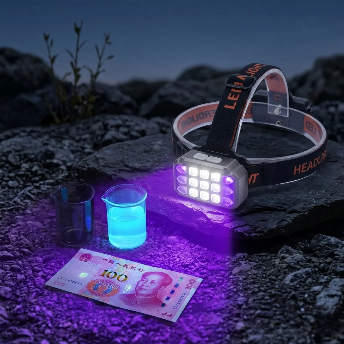 UV LED čelovka s USB nabíjaním - Čierna