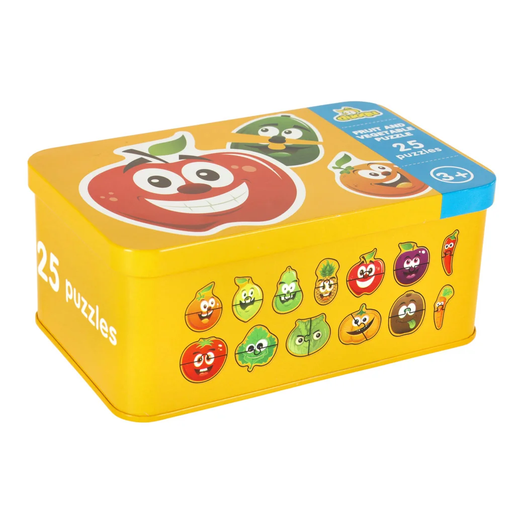 Puzzle pre deti v plechovej krabičke, 25 dielikov, ovocie a zelenina