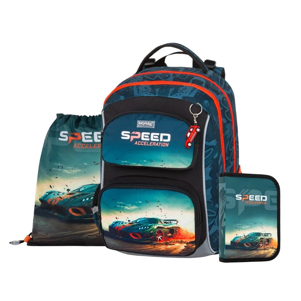 Školský set OXY JUMPER Auto 3-dielny modrý, ergonomický