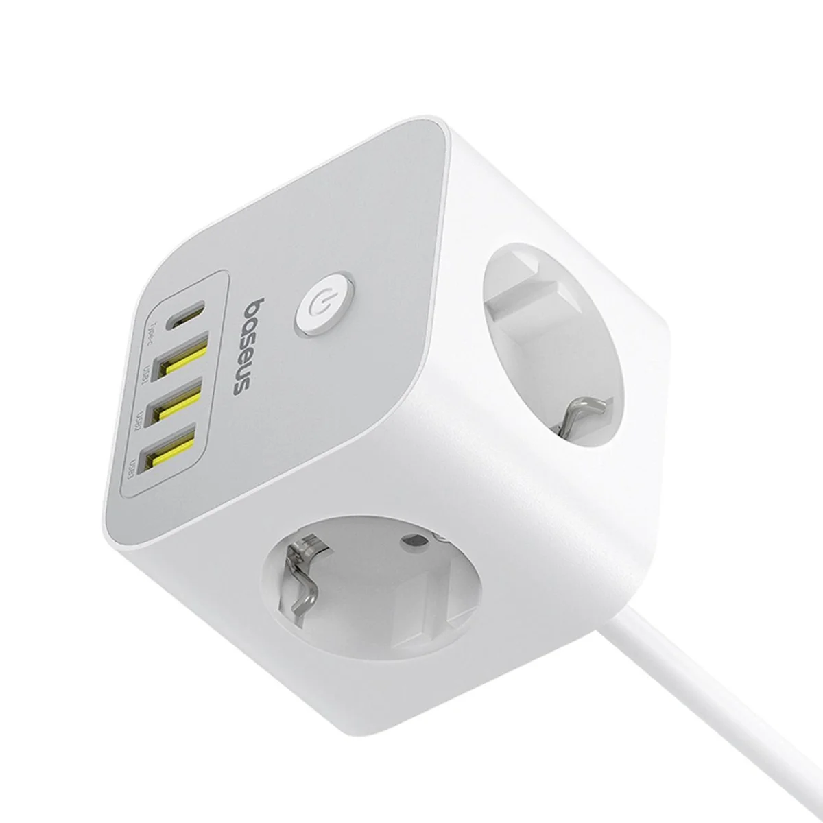 Baseus PowerCombo 7in1 nabíjačka 3x AC / 3x USB / USB-C 20W 1.5 m, bie ly