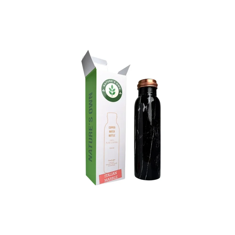 Medená fľaša na vodu vzor Čierny mramor, 950 ml