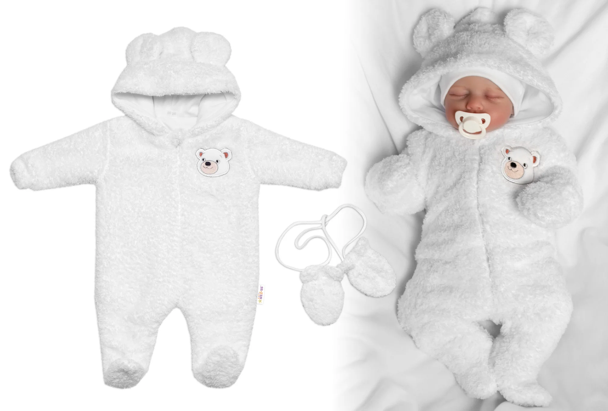Chlpáčkový overal Luna s kapucňou + rukavičky, Baby Nellys, Medvedík, biely, veľ. 74/80