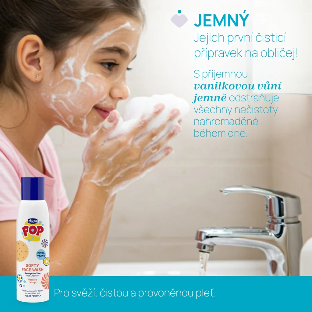 CHICCO Jemný čistiaci gél na tvár POP Softy Vanilla s peniacim dávkovačom 150 ml