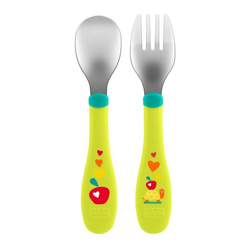 Chicco Lyžička/vidlička nerez, 18m+  - zelená 1×1 set, lyžička a vidlička