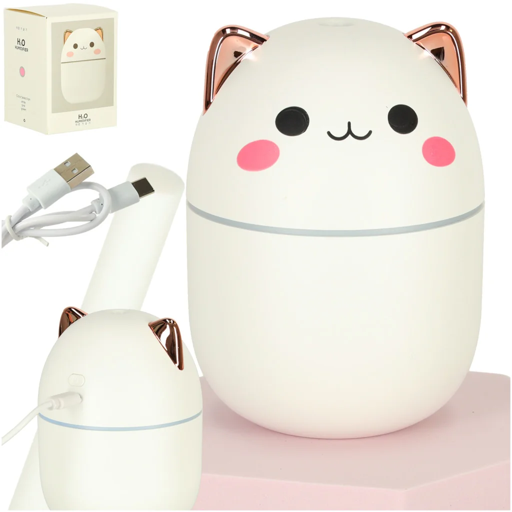 Zvlhčovač vzduchu „Kitty“ biely – 250 ml, USB, 2 režimy hmly, RGB podsvietenie
