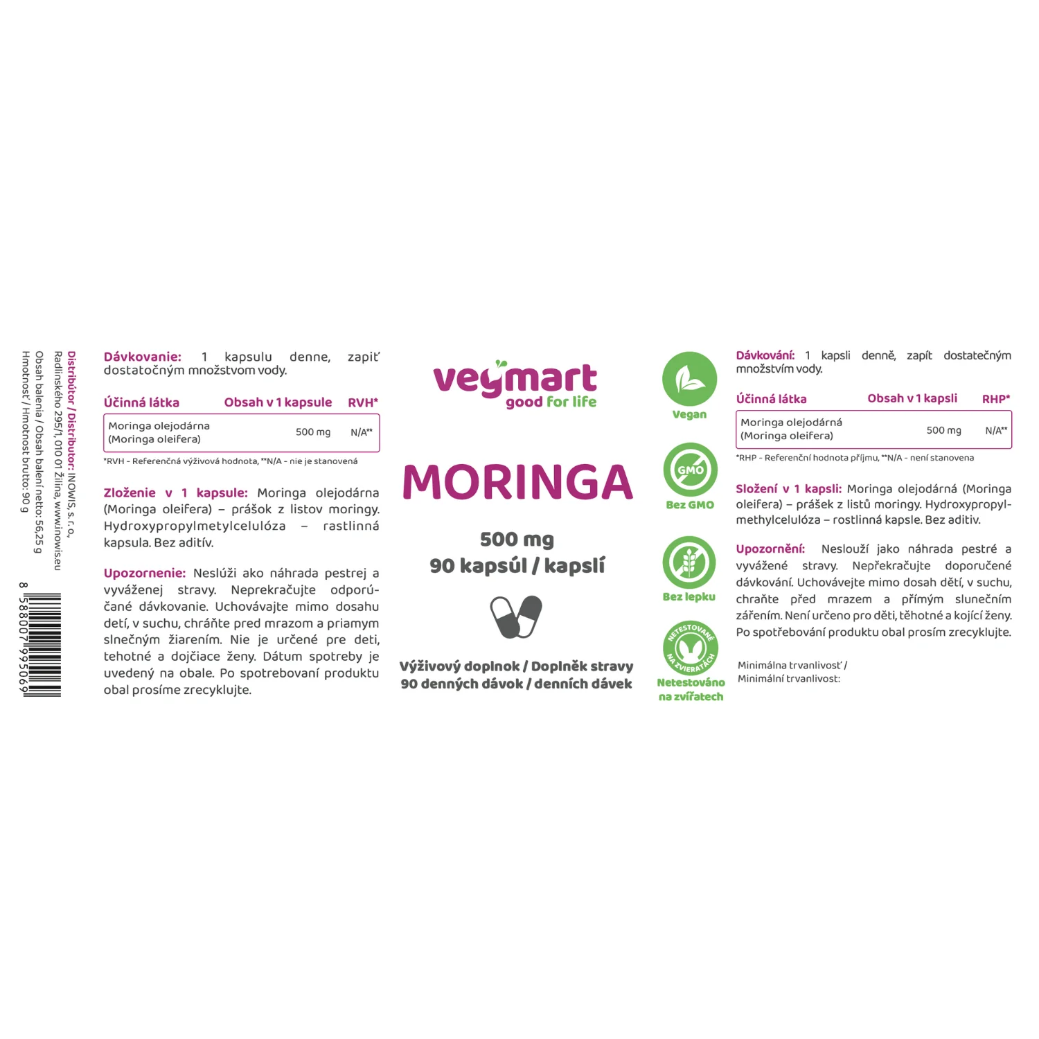 Vegmart Moringa 500 mg, 90 kapsúl