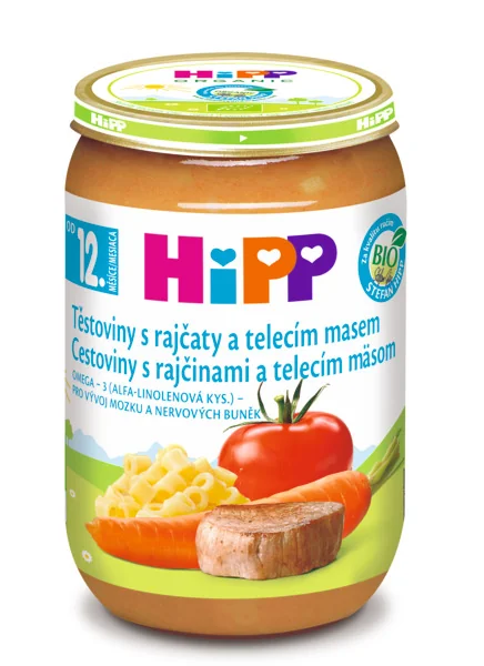 HiPP BIO Cestoviny s rajčinami a teľacím mäsom 1×220 g, detský príkrm