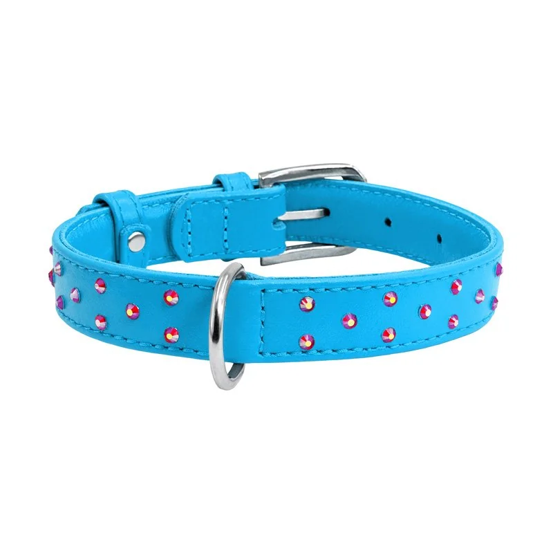 Plochý kožený obojok modrej farby s kryštálmi, Obvod krku: 19-25 cm, širka: 9 mm