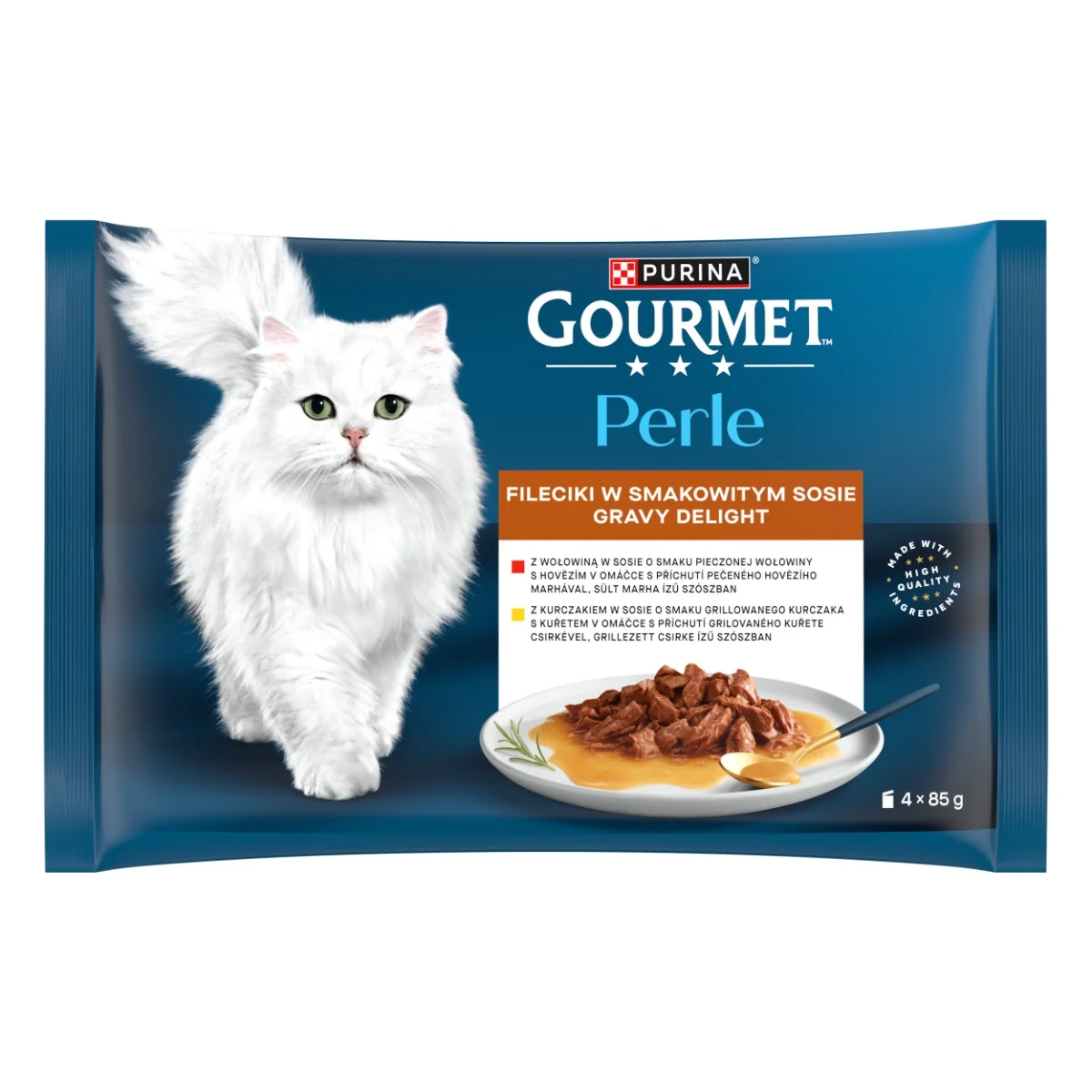 Gourmet Perle Gravy Delight kapsičky pre mačky kura, hovädzie v omáčke 4×85 g 1×1 ks