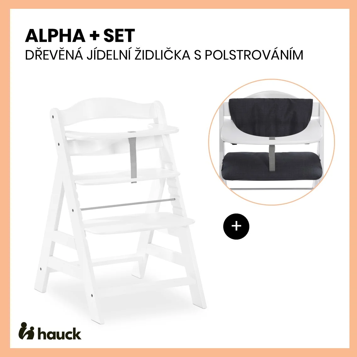 Hauck Alpha+ Set 2v1 drevená stolička biela + poťah Melange Charcoal