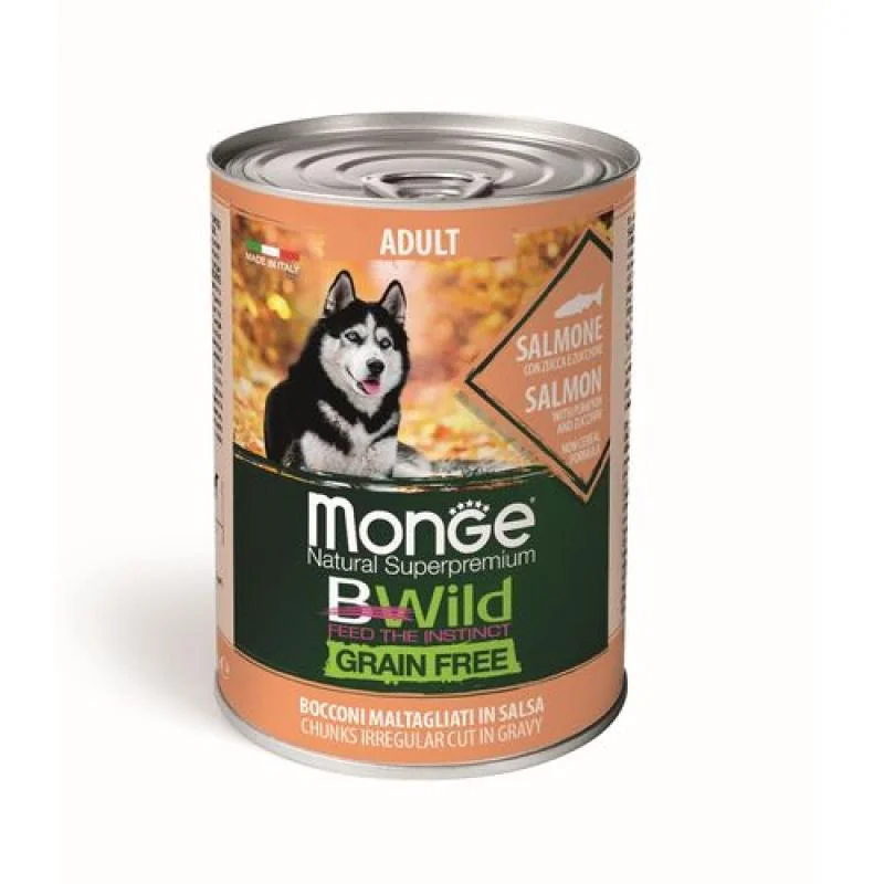 MONGE BWild Grain Free Adult 400g bezobilninové vlhké krmivo pre dospelých psov lososové kúsky v omáčke s tekvicou a cuketou