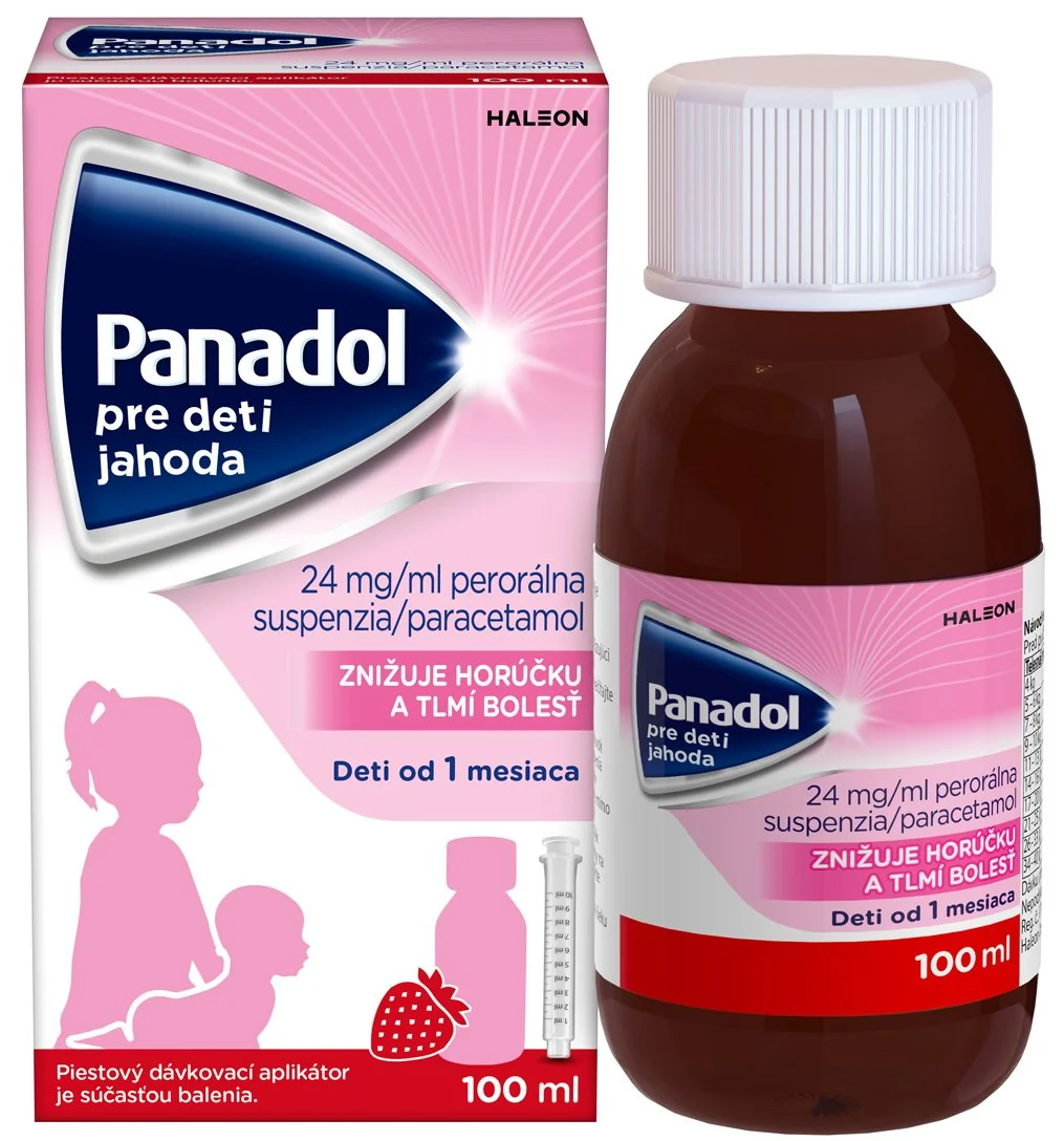 Panadol pre deti jahoda suspenzia 1x100ml, od 1M+, suspenzia proti horúčke a bolesti zúbkov