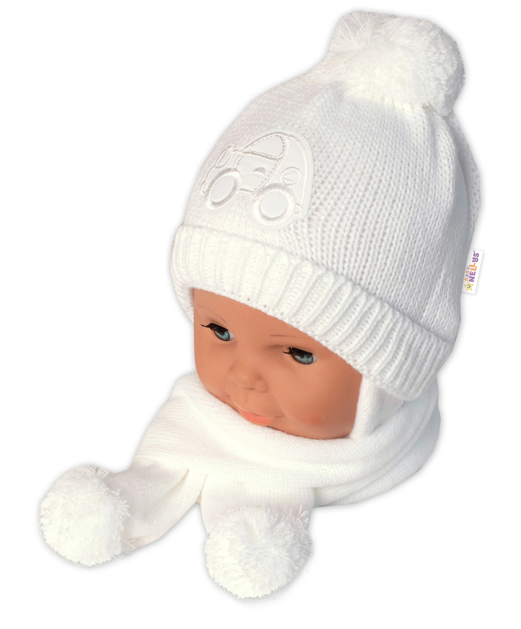 Zimná čiapočka s šálom - Autíčko, biela, 0-6m,