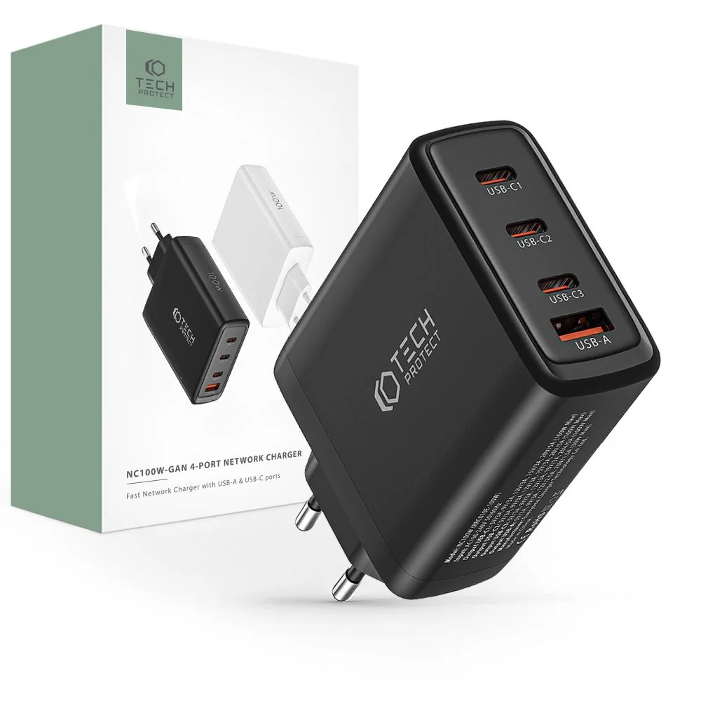 Tech-Protect GaN sieťová nabíjačka USB / 3x USB-C 100W PD QC, čierna
