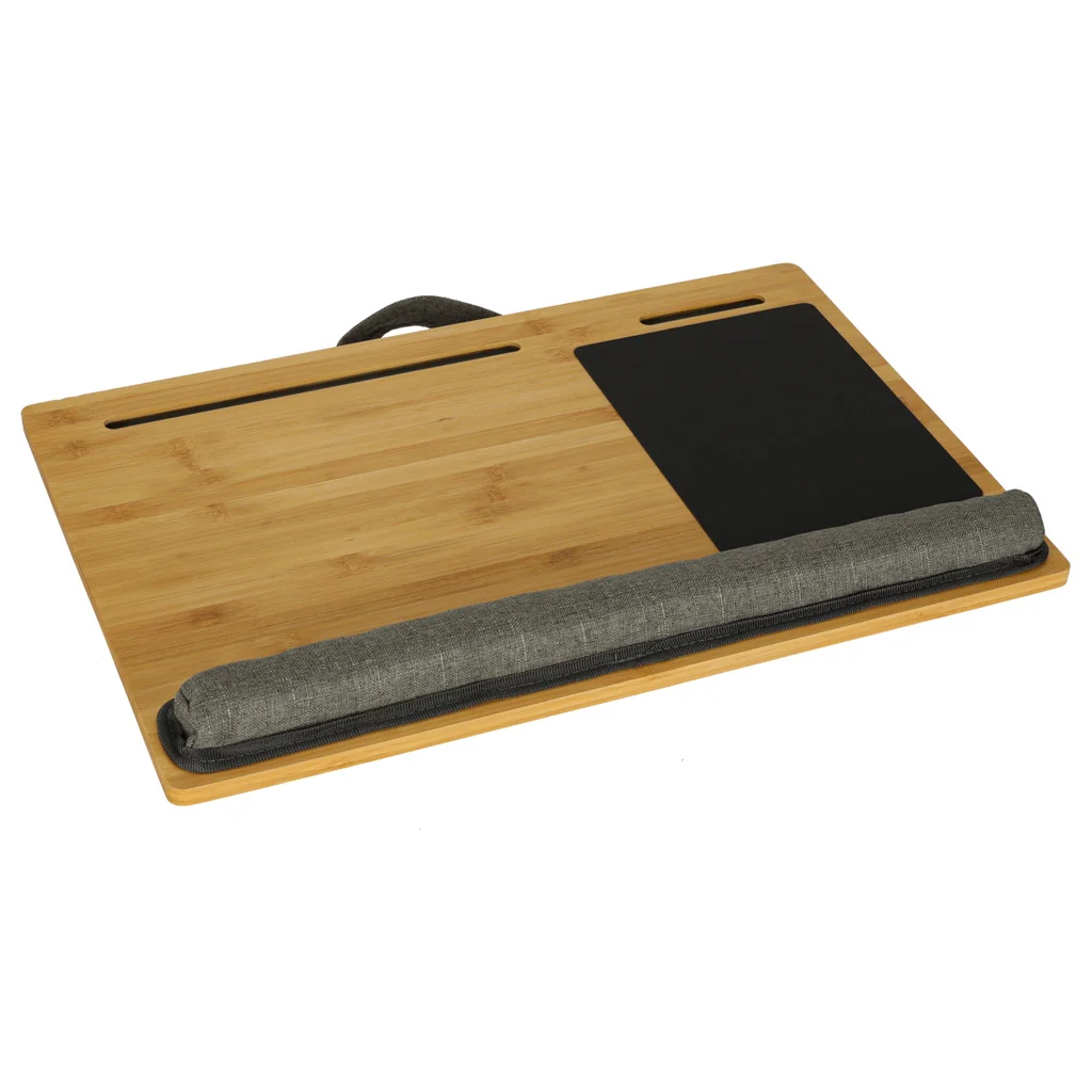 Drevený stolík na notebook s ergonomickým vankúšom – príručný stojan na gauč a posteľ