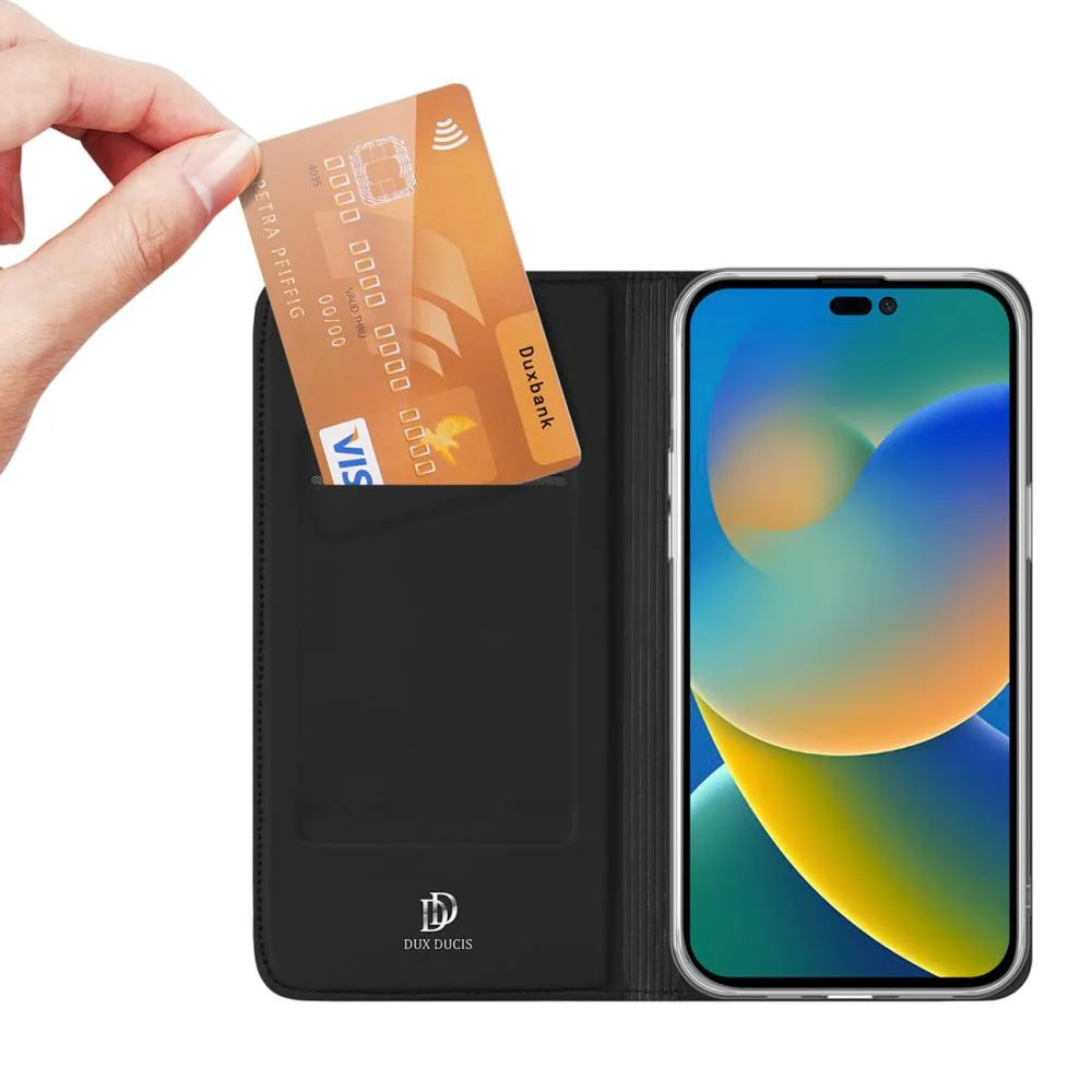 Knižkové puzdro Skin Pro pre iPhone 14 Pro - Čierna Elegantná ochrana, prak