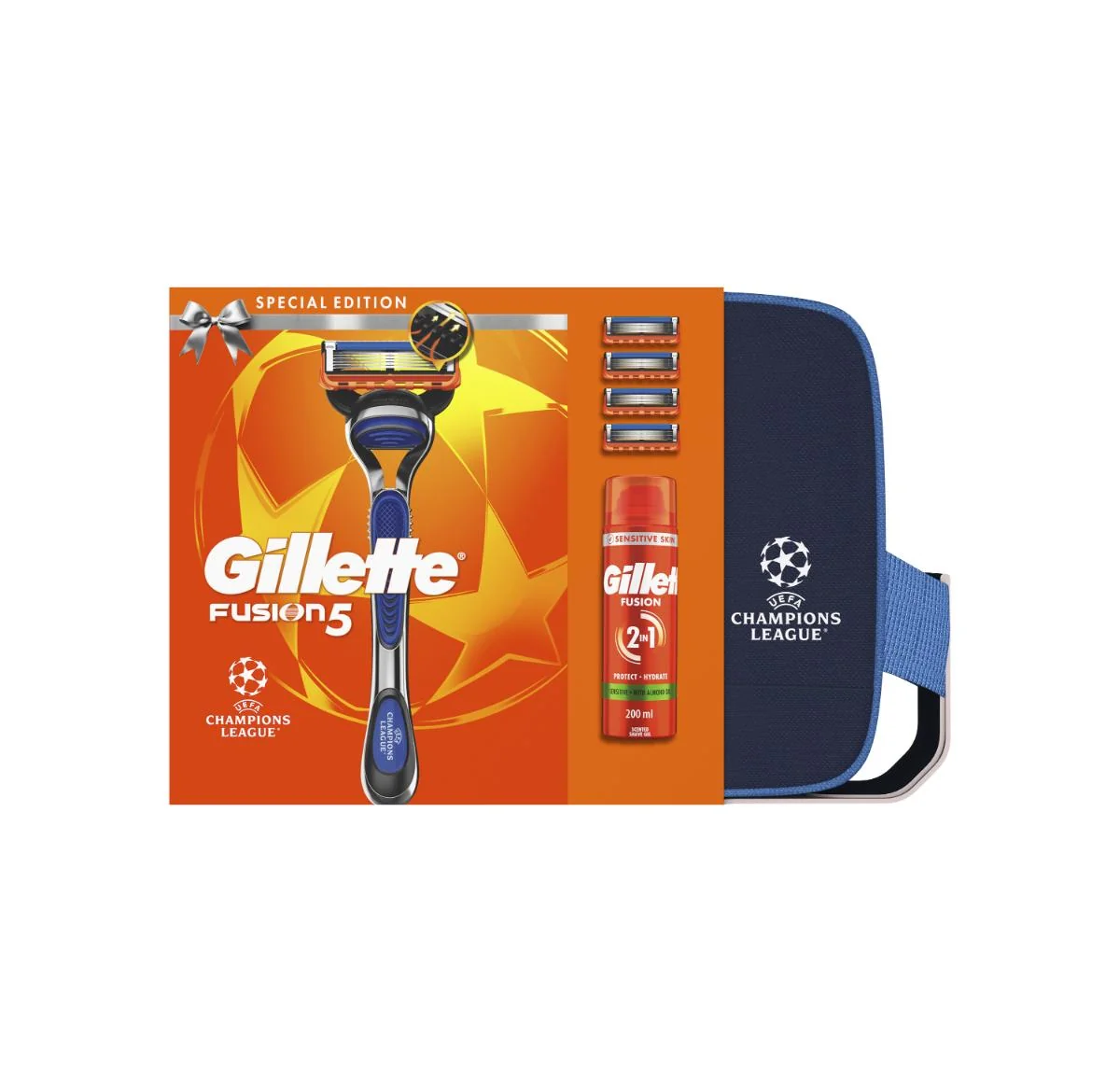 Xmass set Gillette Fusion5 UEFA Champions League Special Edition pánsky holiaci strojček, 4 hlavy + gél na holenie Fusion Sensitive 200ml 1 set