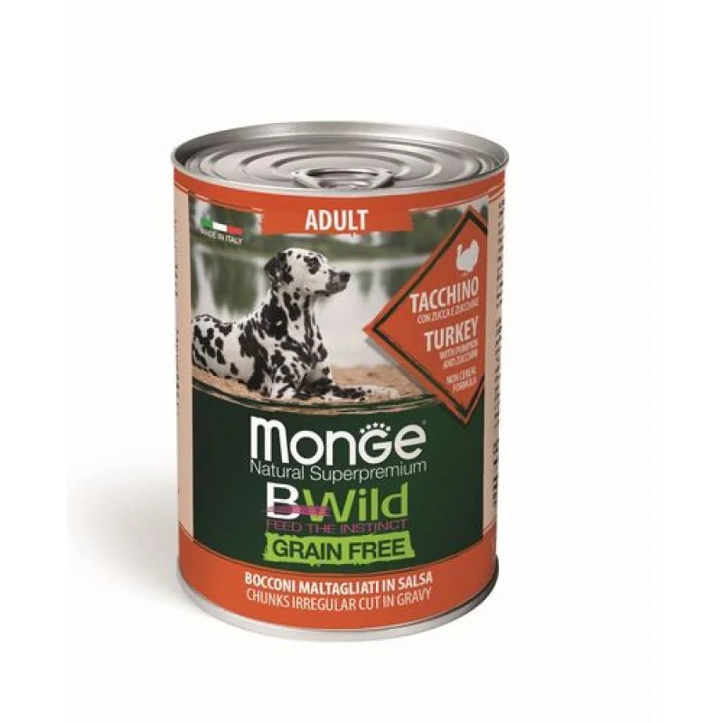 MONGE BWild Grain Free Adult 400g bezobilninové vlhké krmivo pre dospelých psov morčacie kúsky v omáčke s tekvicou a cuketou